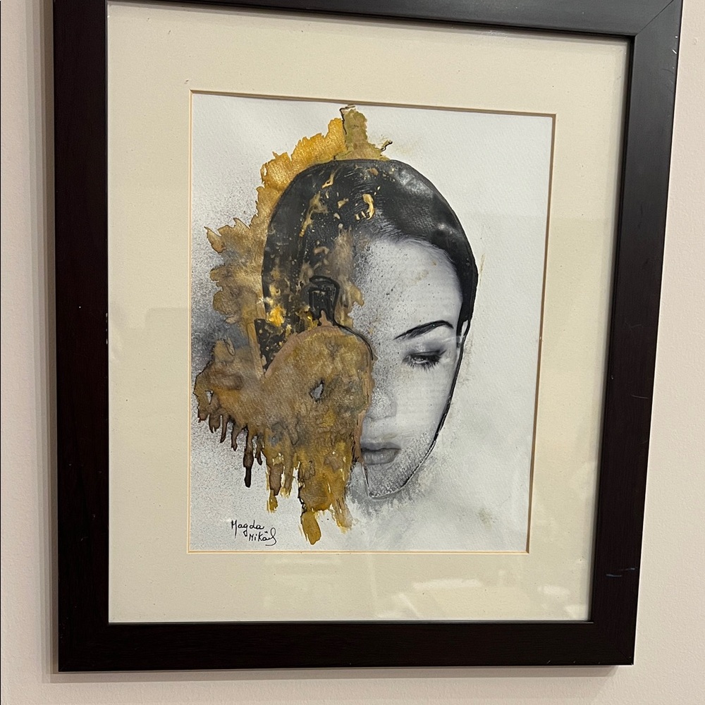 Framed Mixed-Media Portrait Art Print in Gold and Black